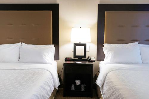 a hotel room with two beds and a lamp on a night stand at Holiday Inn Express & Suites - Olathe North by IHG in Olathe