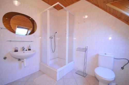 W łazience znajduje się prysznic, toaleta i umywalka. w obiekcie Penzión Belvia w Nowej Leśnej