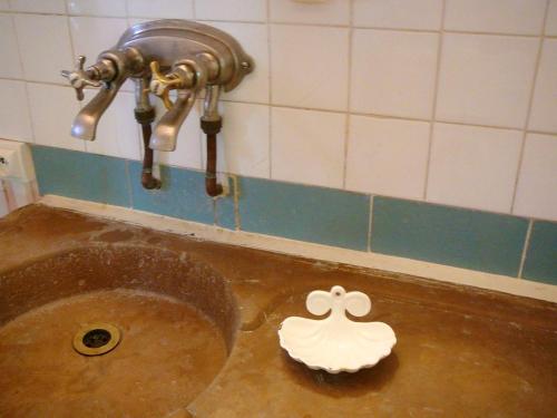 a bathroom sink with a faucet and a white dish at Maison confortable en pleine nature près de Vesc avec jacuzzi in Vesc