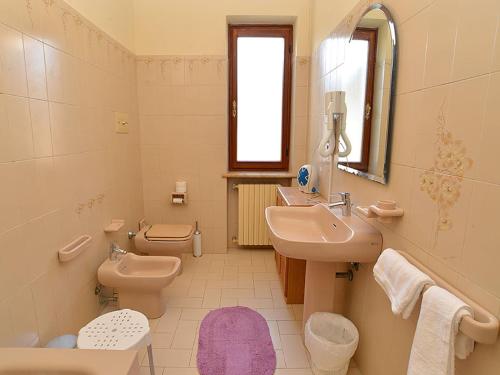 ein Badezimmer mit einem Waschbecken, einem WC und einem Spiegel in der Unterkunft B&B Villa Adriano in Cavaion Veronese