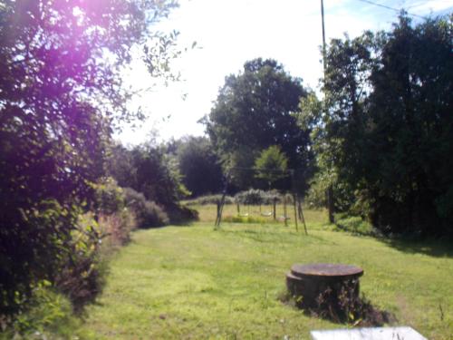a yard with a tree stump in the grass at Maison charmante à Sourdeval avec jardin clôturé in Sourdeval