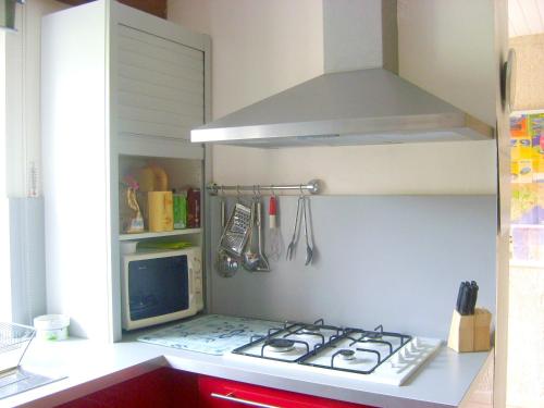 Il comprend une cuisine équipée de plaques de cuisson. dans l'établissement Maison confortable à Lunas avec vue montagne + jardin, à Lunas