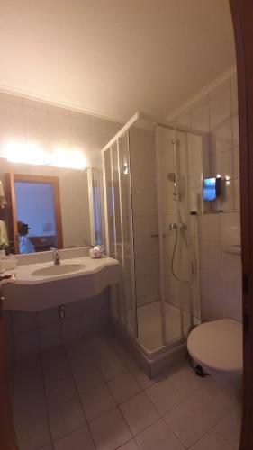 a bathroom with a shower and a sink and a toilet at Landhaus Sonnrain in Saalbach Hinterglemm