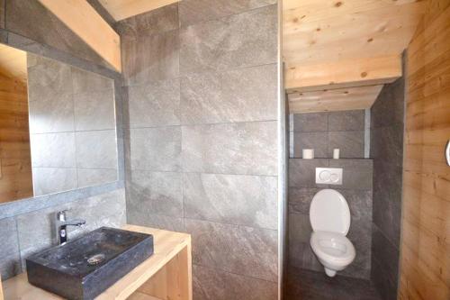 une salle de bain avec toilettes et lavabo dans l'établissement Chalet charmant aux Gets avec vue sur montagne et cheminée, aux Gets