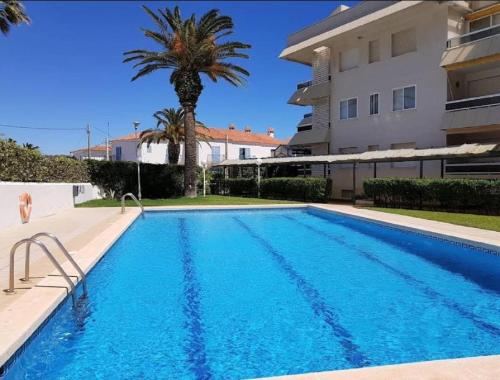 a swimming pool in front of a building with a palm tree at Playa in Miami Platja