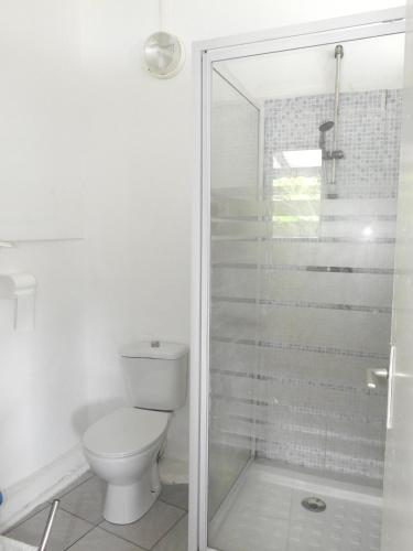 a white bathroom with a toilet and a shower at Studio charmant à Le Robert - 17 m² avec Piscine partagée in Le Robert