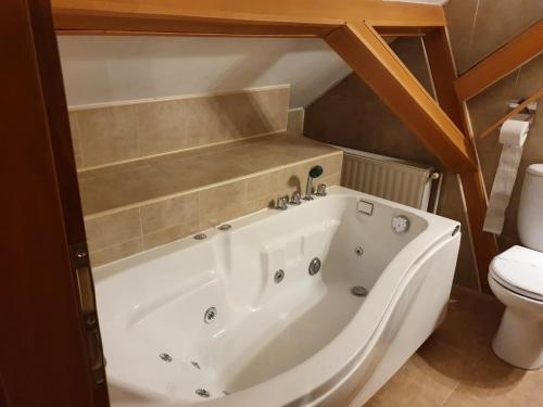 a bath tub in a bathroom with a toilet at Apartament Roma in Braşov