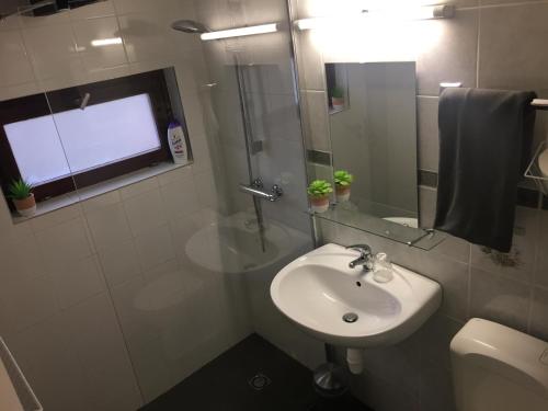 een badkamer met een wastafel, een toilet en een raam bij vakantiehuisje 007 in Koksijde