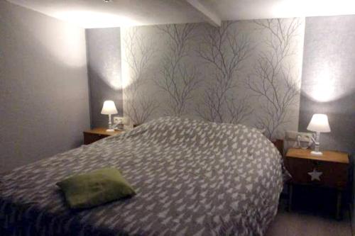 ein Schlafzimmer mit einem Bett, zwei Tischen und zwei Lampen in der Unterkunft 2 bedrooms house with enclosed garden at Erezee in Érezée