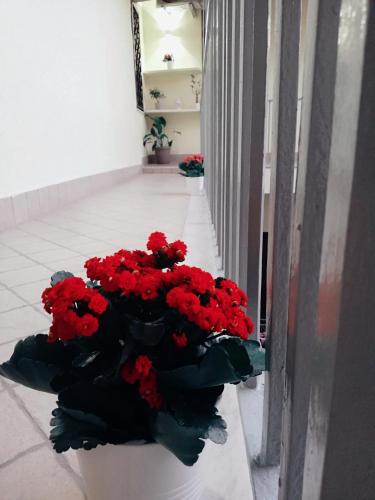 a bunch of red flowers sitting in a room at Royal Dreams in Caserta