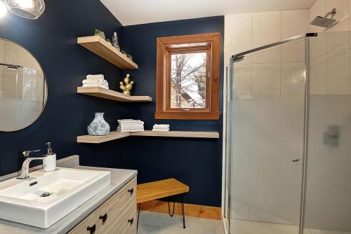 a bathroom with a sink and a shower at Chalets Alpins- 4 Chemin des Montagnards in Stoneham