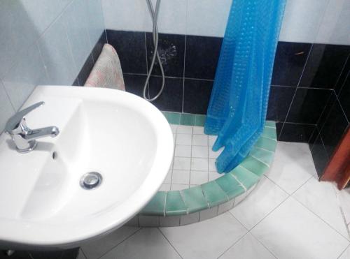 łazienka z umywalką i niebieską zasłoną prysznicową w obiekcie One bedroom appartement at Carloforte 1 km away from the beach w mieście Carloforte