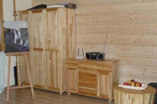a room with a wooden wall with a table and a radio at Apartamenty na Szlaku in Czarny Dunajec