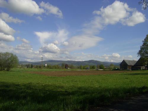 a field of green grass with a house in the background at Dom Przysłupowy Educare -Agroturystyka Slow Food in Świeradów-Zdrój