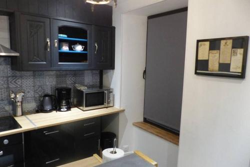 eine Küche mit schwarzen Schränken und einer Mikrowelle in der Unterkunft La Gabelle Saint Hilaire in Saint-Pierre-des-Échaubrognes