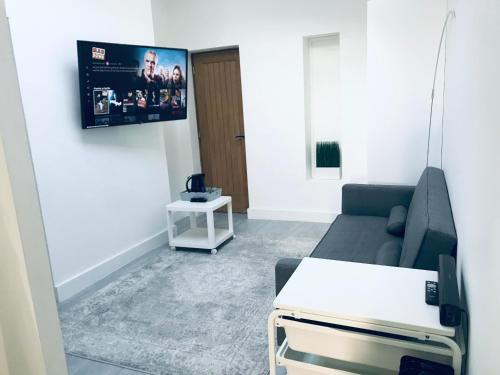 een woonkamer met een bank en een tv bij Apartment style Space in Minworth