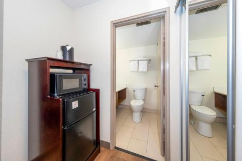 a bathroom with a toilet and a tv on a cabinet at Red Roof Inn PLUS Newark Liberty Airport - Carteret in Carteret