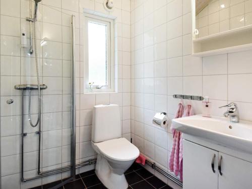 La salle de bains est pourvue de toilettes, d'un lavabo et d'une douche. dans l'établissement Holiday home Brålanda III, à Brålanda