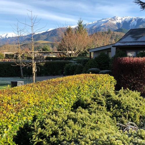 a garden with bushes and mountains in the background at Edit Hanmer Springs in Hanmer Springs