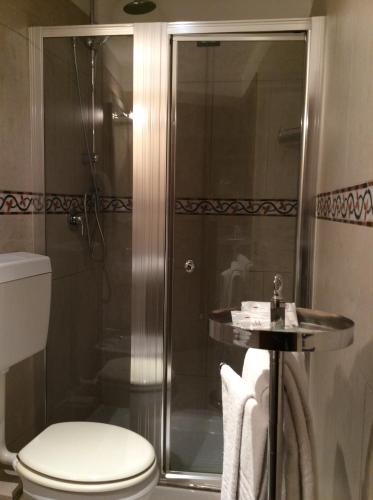 y baño con ducha, aseo y lavamanos. en Albergo Verdi, en Palermo