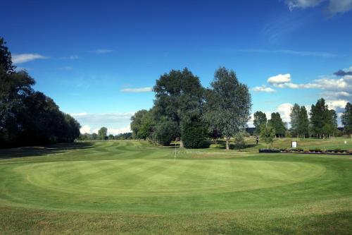 - une vue sur un green de golf avec des arbres en arrière-plan dans l'établissement The Waterfront Hotel Spa & Golf, à St Neots