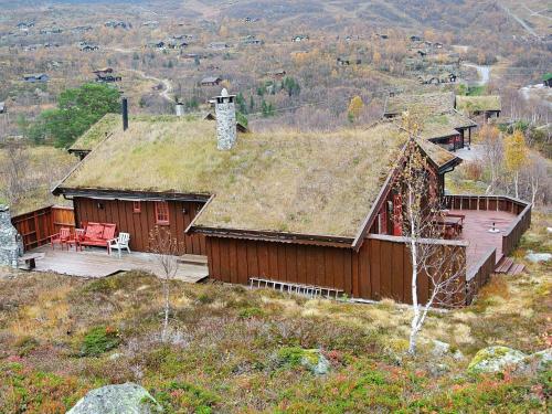 a house with a grass roof on top of a hill at 11 person holiday home in Edland in Vågsli