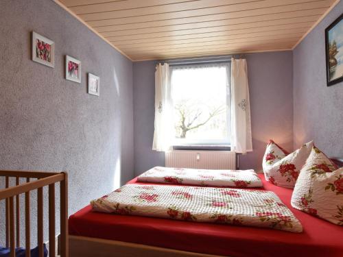 レリクにあるSpacious Holiday Home in Russow with Private Terraceの窓と赤いマットレスが備わるベッドルームのベッド1台分です。
