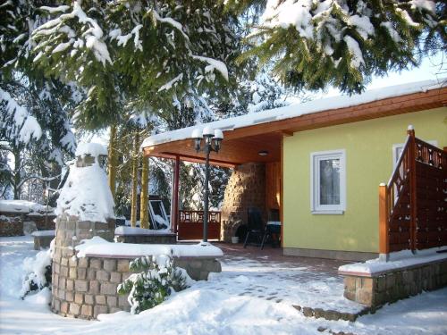 ein gelbes Haus mit Schnee auf dem Dach in der Unterkunft Vintage Holiday Home in Trieb with Terrace in Trieb