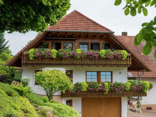 a house with a balcony with flowers on it at Charming Apartment in Regelsbach near City Centre in Schuttertal