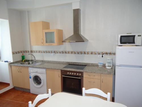 a kitchen with a white refrigerator and a dishwasher at Apartamentos San Guillermo in Finisterre