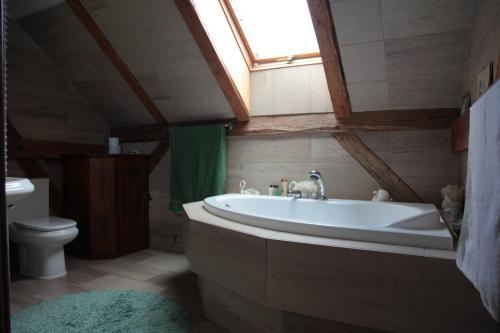 a bathroom with a tub and a toilet and a window at Orlik Mazury in Stare Jabłonki