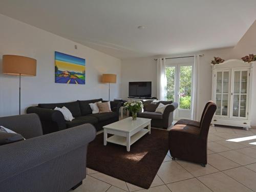 a living room with a couch and chairs and a tv at Spacious villa in Vidauban with seasonal private pool in Vidauban