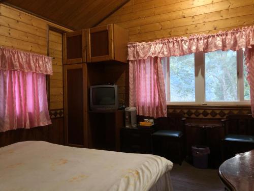 a bedroom with a bed and a tv and windows at 溪景生態農莊 桃園市民宿037號 in Hualing