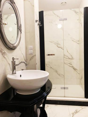 a bathroom with a sink and a shower at Dwór Karwacz in Przasnysz