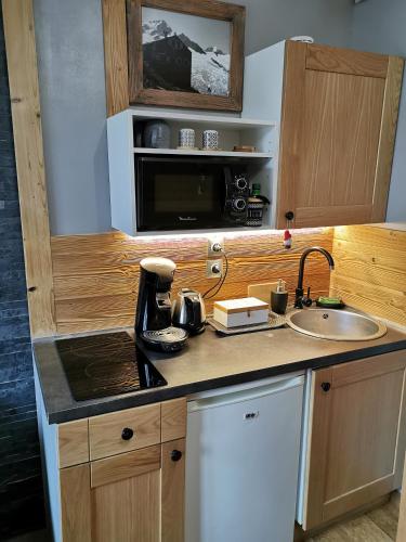 un comptoir de cuisine avec un évier et un micro-ondes dans l'établissement La Cabane, à Chamonix-Mont-Blanc