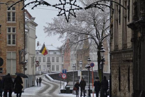 a group of people walking down a city street in the snow at Hotel Fevery in Bruges