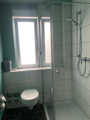 a bathroom with a toilet and a glass shower at ARGENTA Living 2 in Fulda
