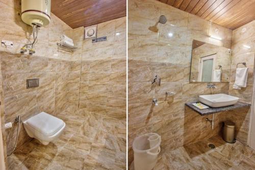 Dos imágenes de un baño con inodoro y lavabo. en HOTEL WILD ROSE, en Jagatsukh