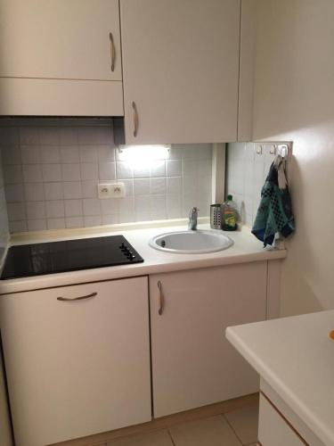 une cuisine avec un évier et un plan de travail dans l'établissement Appartamento in centro a Mentone vicino alla spiaggia Parcheggio privato INCLUSO!, à Menton