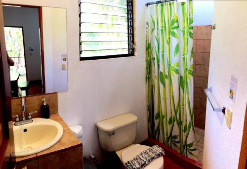 a bathroom with a toilet and a sink and a shower at Hotel Tropical Sands Dominical in Dominical