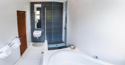 a small bathroom with a sink and a toilet at Tamboti Guest Lodge in Pretoria