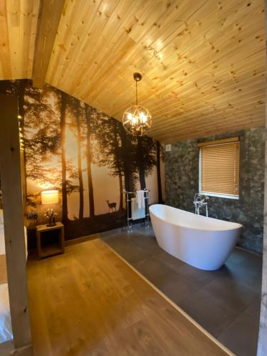 uma casa de banho com uma grande banheira branca num quarto em Roe Lodge at Owlet Hideaway - with Hot Tub, Near York em Seaton Ross