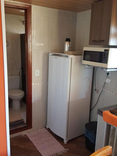 uma pequena cozinha com frigorífico e micro-ondas em Quitinete -Tamoios - Cabo Frio em Barra de São João