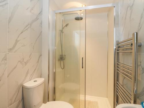 un baño con ducha y WC en Sea Otter Cottage, en Appin