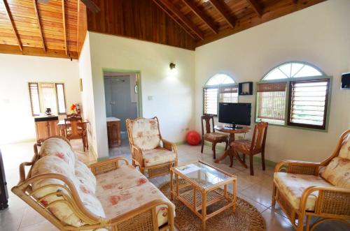 a living room with a couch and chairs and a tv at Pimento Lodge Resort in Port Antonio