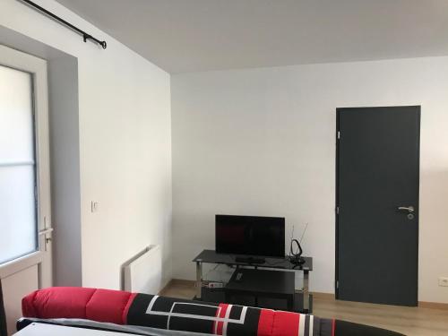 un salon avec une porte noire et une télévision dans l'établissement Appartement centre ville, à Dole