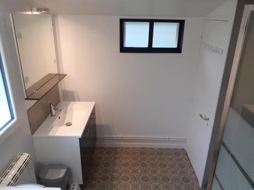 a bathroom with a sink and a mirror at Maison familiale avec jardin au coeur du d day in Port-en-Bessin-Huppain