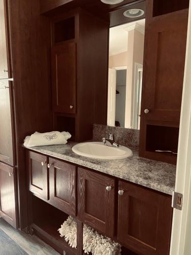 a bathroom with a sink and a mirror at Swan Lake Resort in Galloway