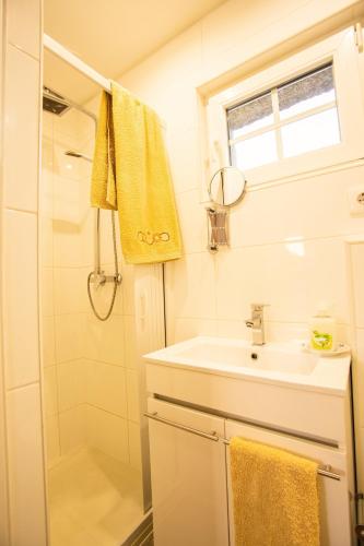 a bathroom with a sink and a shower at Fonte Velha in Castelões- Penafiel