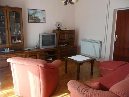 a living room with a couch and a tv at Apartment in Rab/Insel Rab 16488 in Mundanije